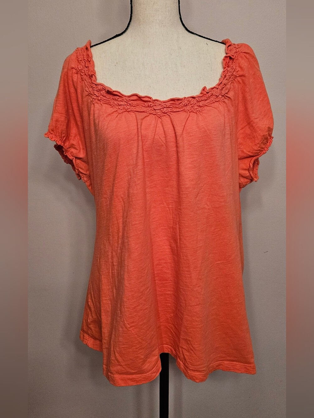 Ann Taylor Loft Coral Short Sleeve Knit Peasant Top w/Smocked Square Collar XL